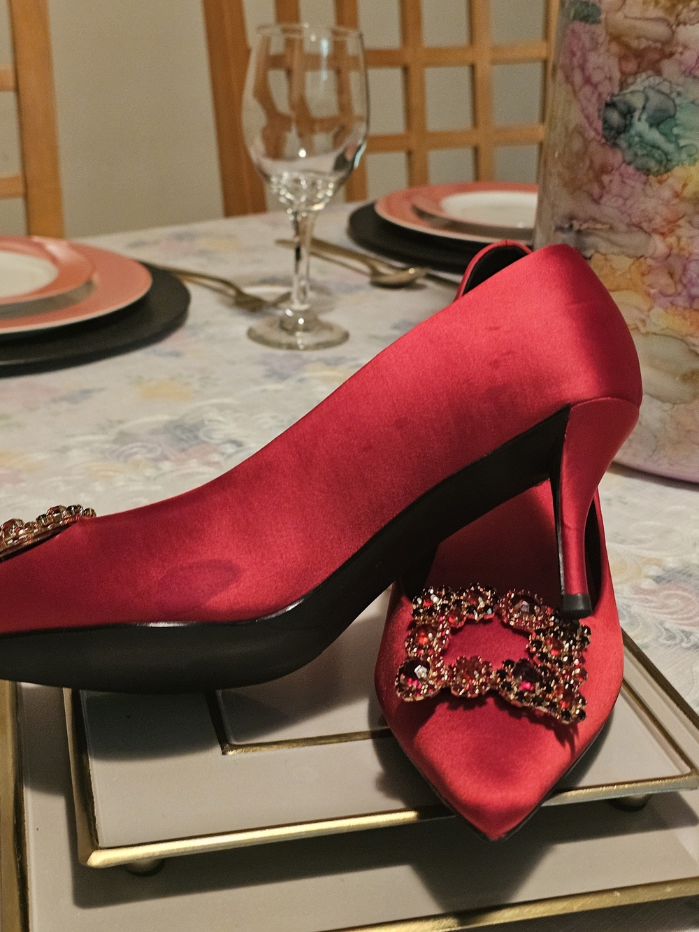 Elegant Red Satin Pointed Toe Heels with Crystal Buckle. With Small Stains.
